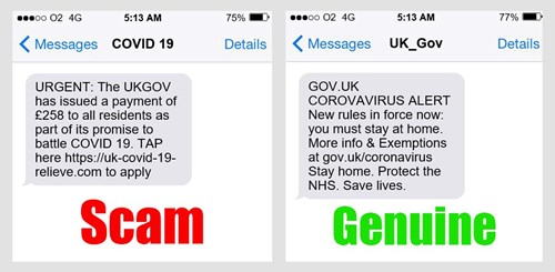 phishing scam and genuine messages side by side